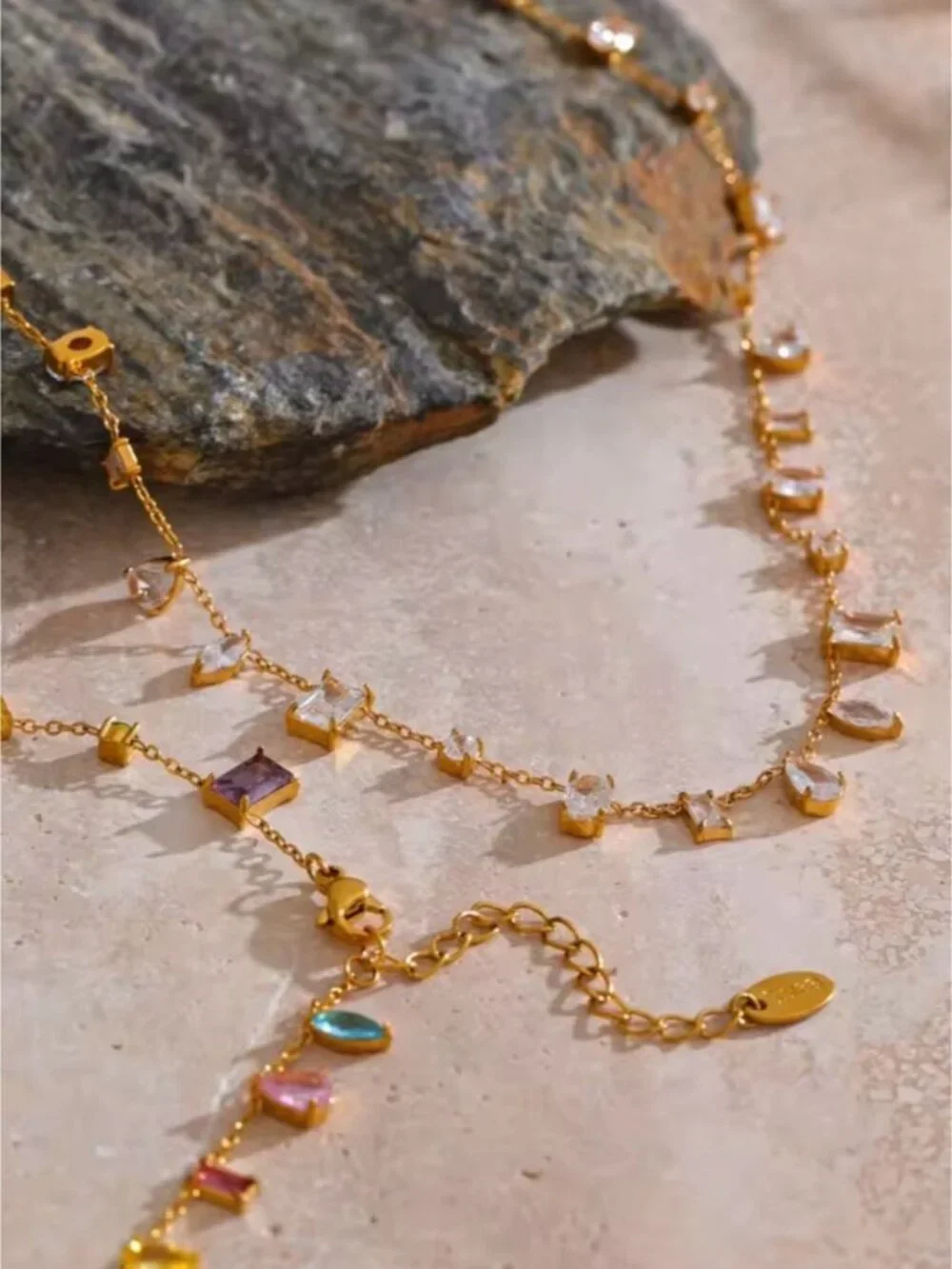 Gold plated Multigemstone Station Necklace — Purple, Pink, Blue & Yellow